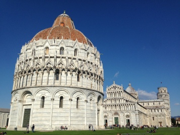 Day trip to Pisa! This is the field of miracles with the the Baptistery of San Giovanni, the Duomo, and the Leaning Tower.