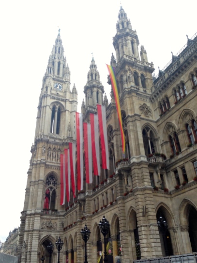 After Prague, we took the train to Vienna. Here is the Rathaus (city hall), where the Eurovision singing competition was going on while we were there.